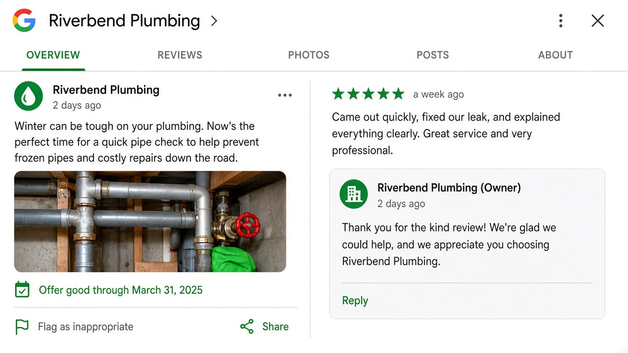 Example, Riverbend Plumbing, a made-up London business